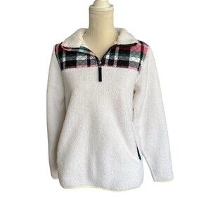 Vera Bradley Teddy Bear Fleece 1/4 Zip Pullover White Quilted Plaid Women’s Med